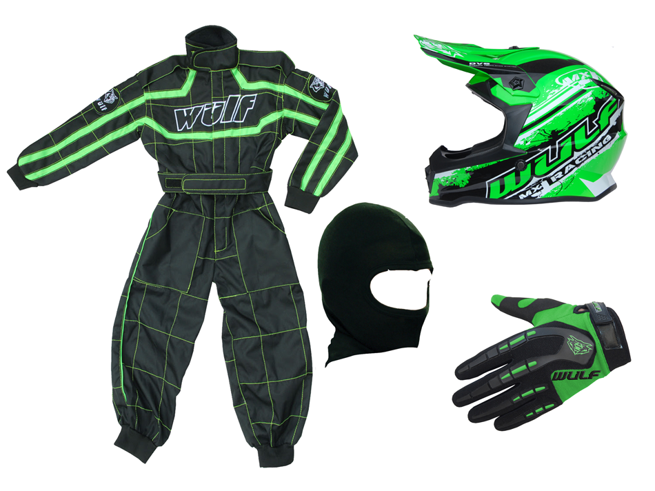 Kids Wulfsport Clothing & Helmet Bundle Deal - Green