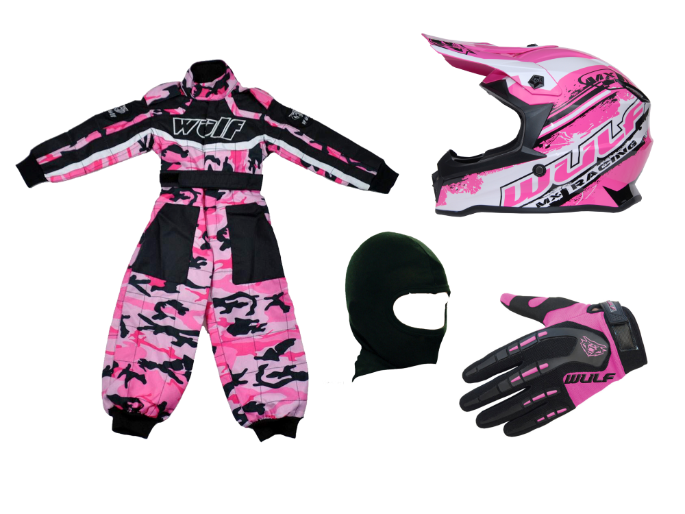 Kids Wulfsport Clothing & Helmet Bundle Deal - Pink Camo