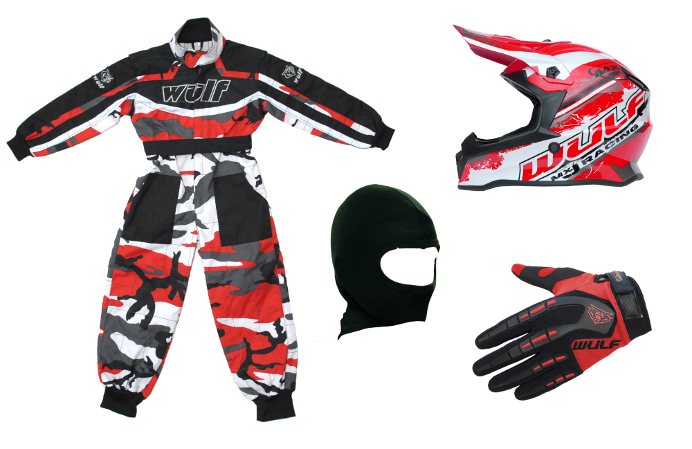 Kids Wulfsport Clothing & Helmet Bundle Deal - Red Camo