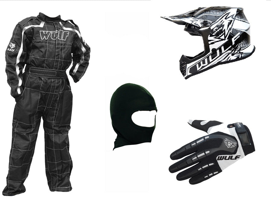 Kids Wulfsport Clothing & Helmet Bundle Deal - Black & White
