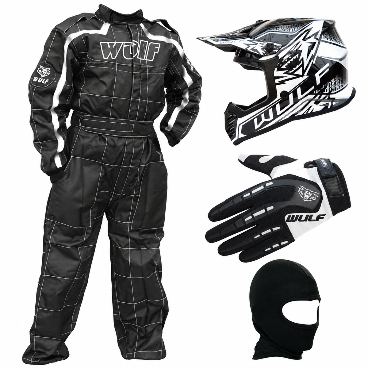 Kids Wulfsport Clothing & Helmet Bundle Deal - Black & White