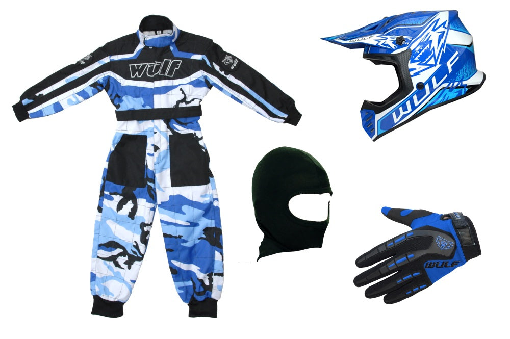 Kids Wulfsport Clothing & Helmet Bundle Deal - Blue Camo