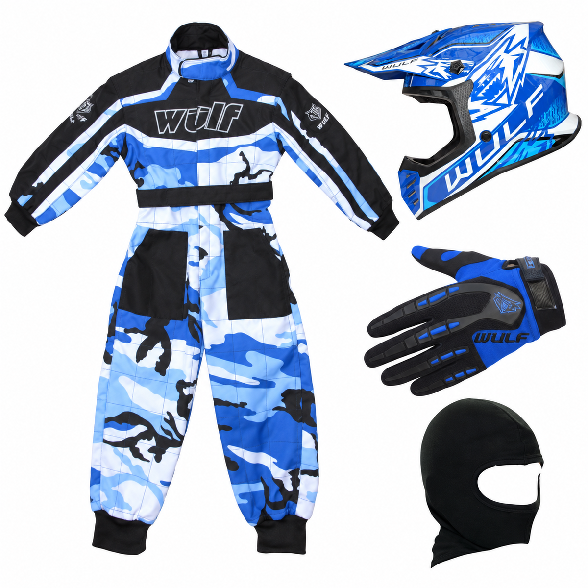 Kids Wulfsport Clothing & Helmet Bundle Deal - Blue Camo
