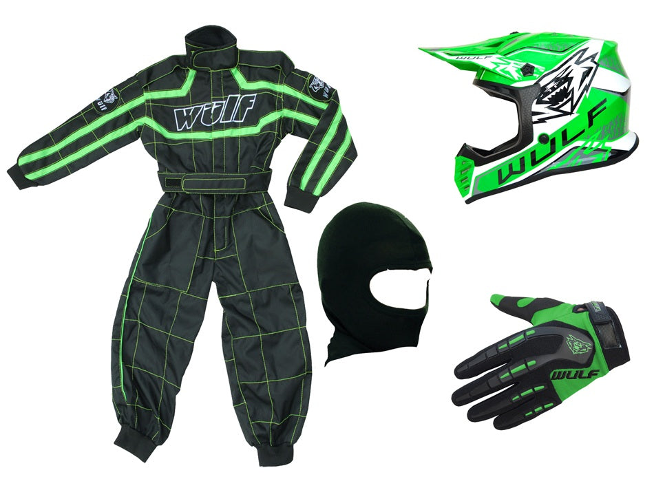 Kids Wulfsport Clothing & Helmet Bundle Deal - Green