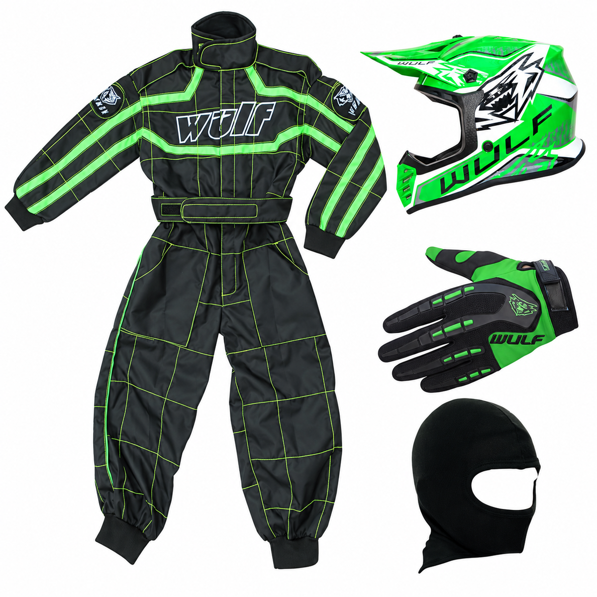 Kids Wulfsport Clothing & Helmet Bundle Deal - Green