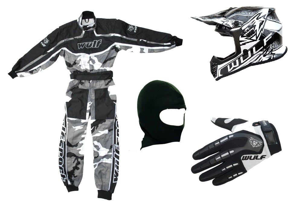 Kids Wulfsport Clothing & Helmet Bundle Deal - Grey Camo