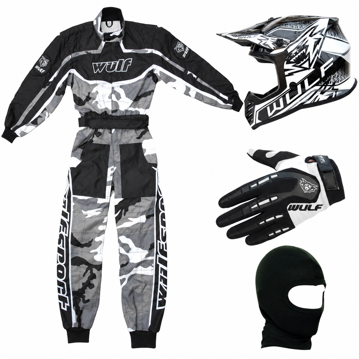 Kids Wulfsport Clothing & Helmet Bundle Deal - Grey Camo