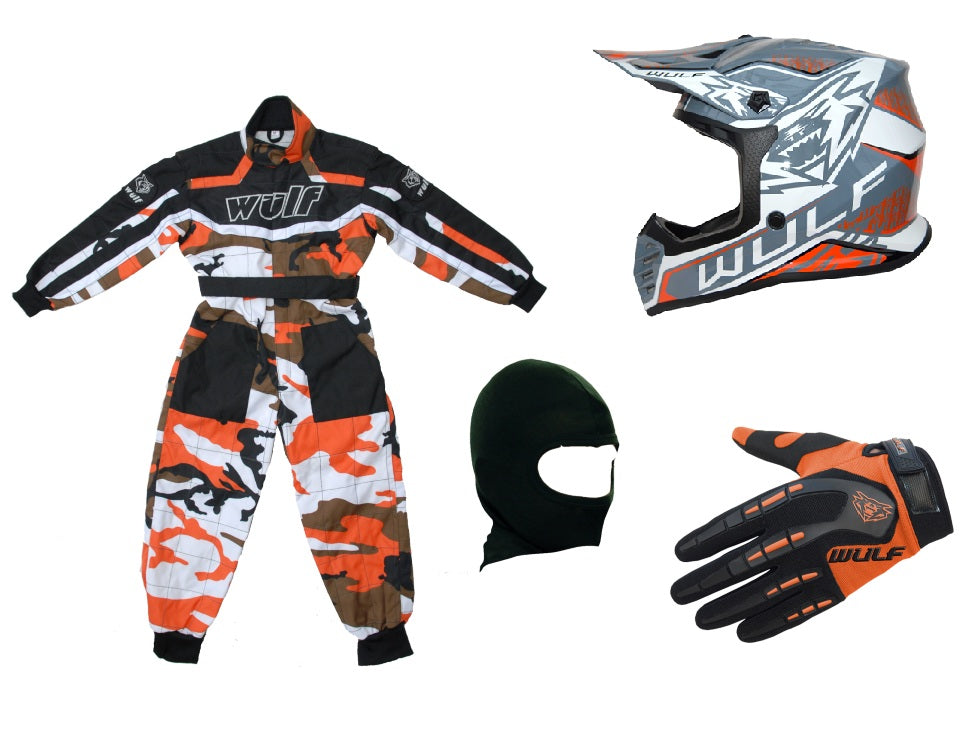 Kids Wulfsport Clothing & Helmet Bundle Deal - Orange Camo