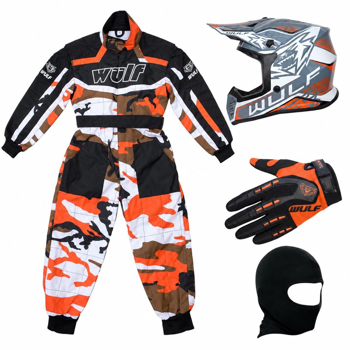 Kids Wulfsport Clothing & Helmet Bundle Deal - Orange Camo