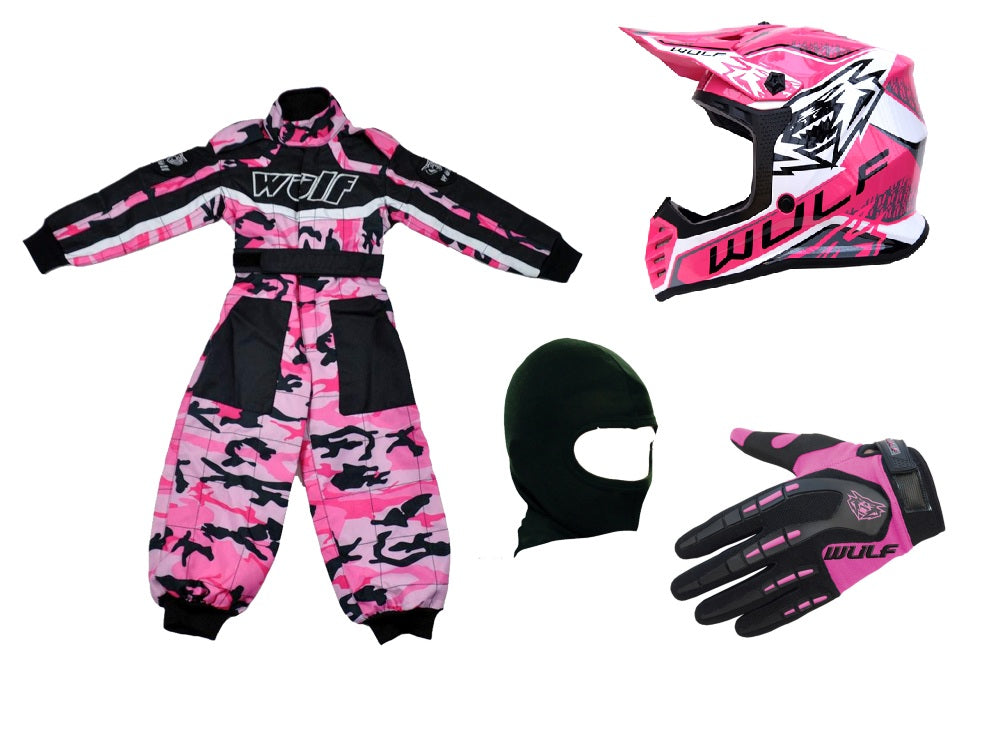 Kids Wulfsport Clothing & Helmet Bundle Deal - Pink Camo