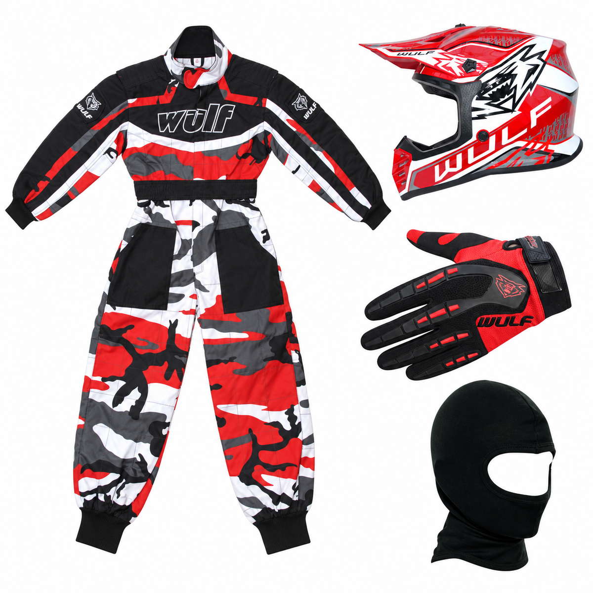 Kids Wulfsport Clothing & Helmet Bundle Deal - Red Camo